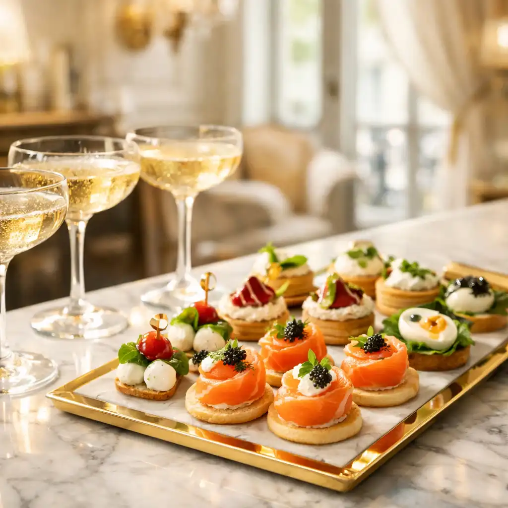 Plateau d'amuse-bouches élégants et coupes de champagne sur un comptoir en marbre blanc