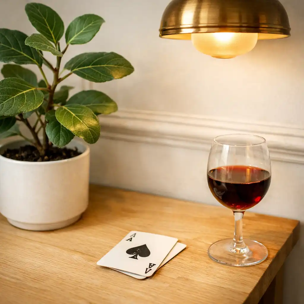 Détail d'un décor d'atelier d'artiste parisien avec une plante verte, une suspension en laiton et une carte à jouer