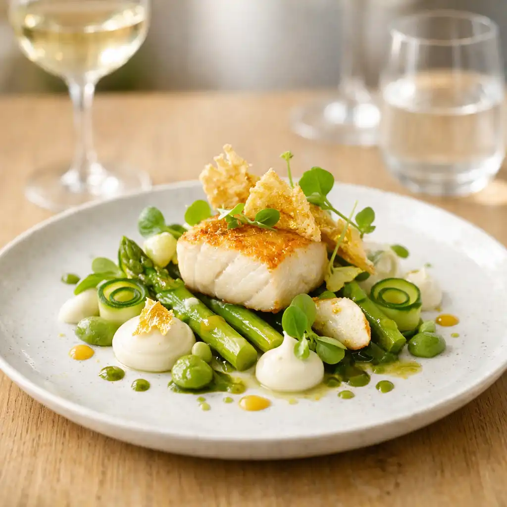 Plat gastronomique élégant sur une table en bois clair, avec verres à vin en arrière-plan flou