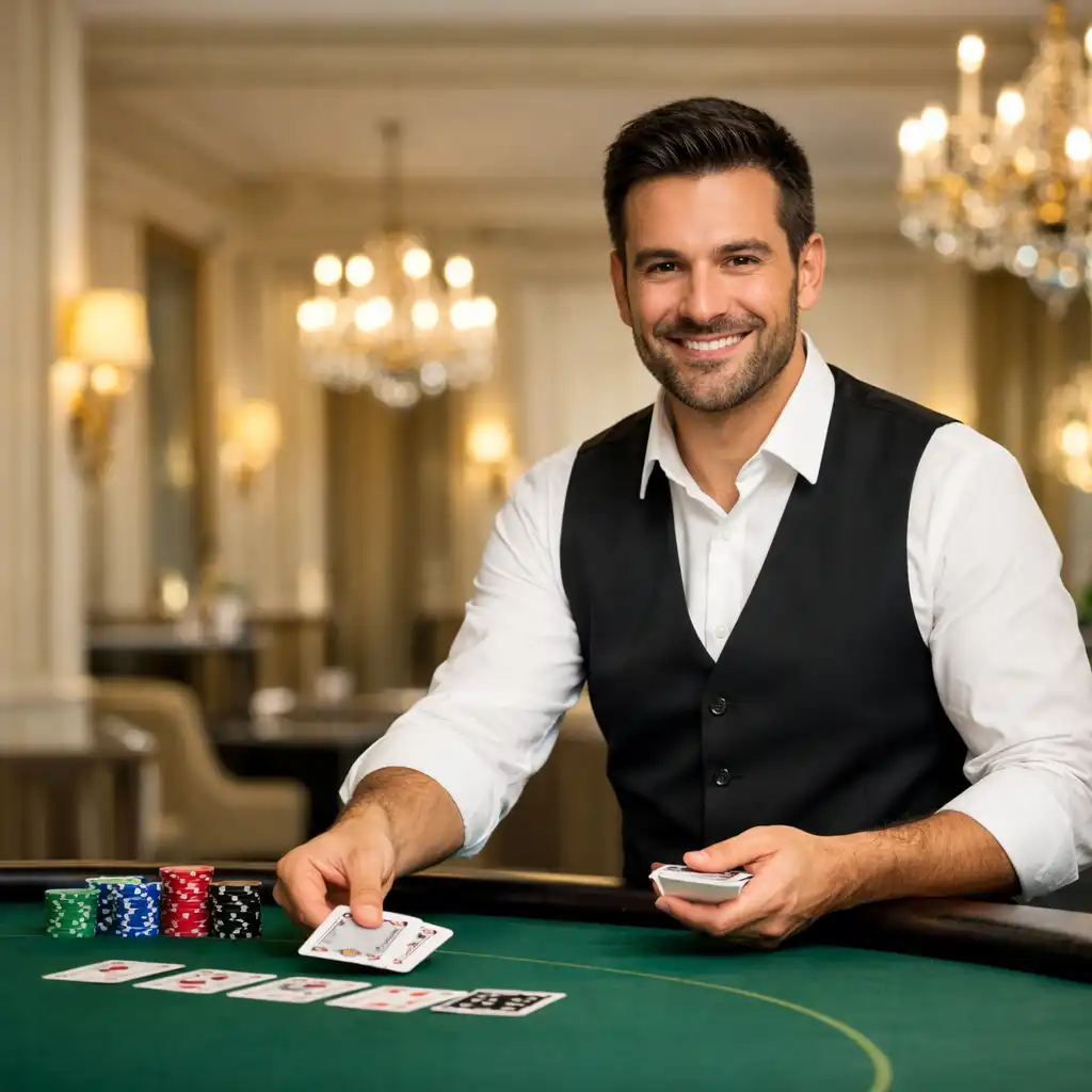 Croupier professionnel souriant en tenue élégante distribuant des cartes derrière une table de poker
