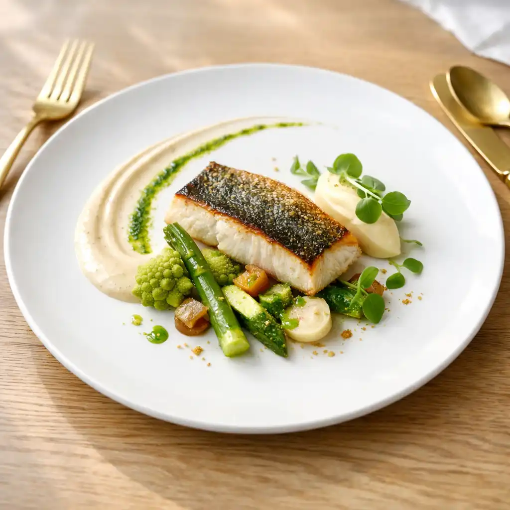 Assiette gastronomique dressée avec précision : filet de poisson, légumes de saison et sauce artistiquement étalée