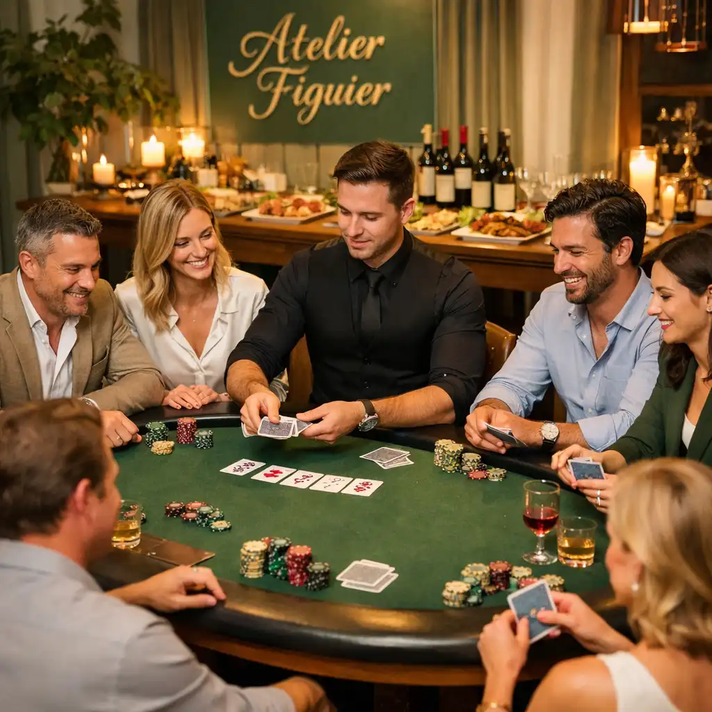 Vue d'ensemble d'une table de poker élégante lors d'une soirée Atelier Figuier