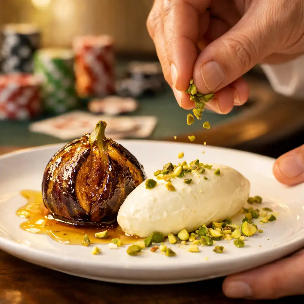 Gros plan sur un dessert raffiné à la figue rôtie avec une table de poker floutée en arrière-plan