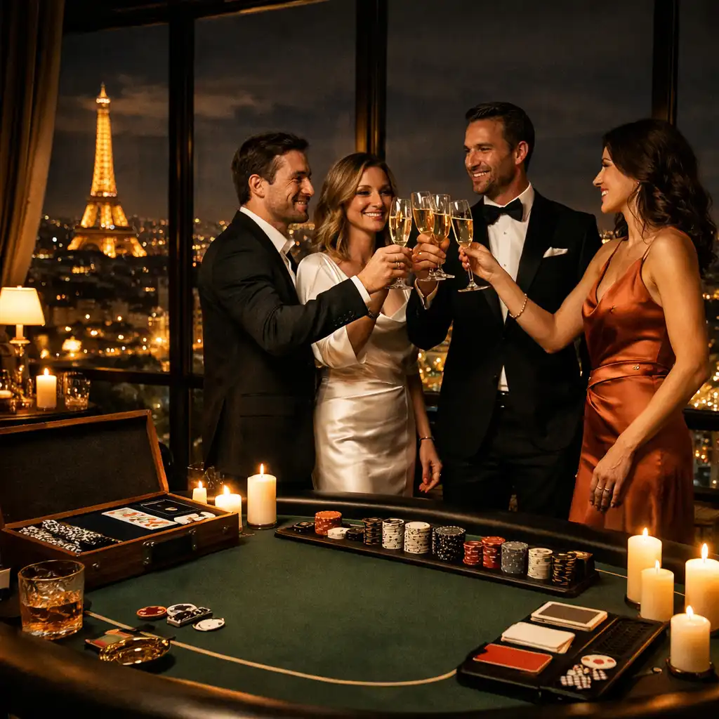 Invités trinquant avec des coupes de champagne près d'une table de poker vide en fin de soirée