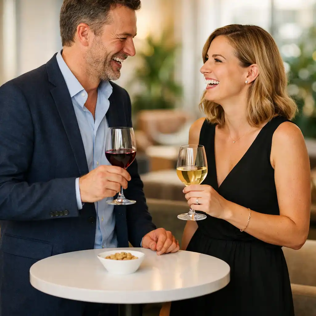 Deux convives discutant et riant près d'une table haute avec des verres de vin