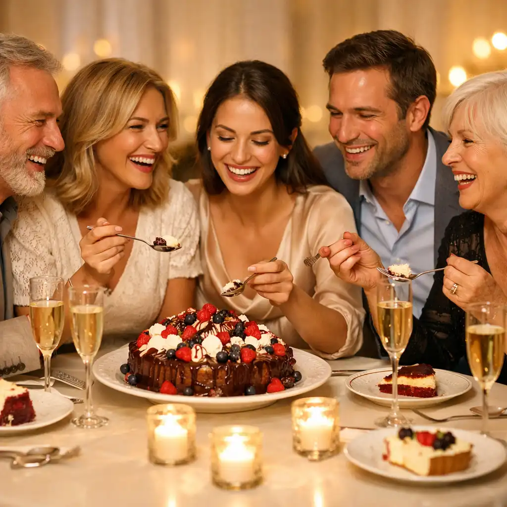 Groupe de convives partageant un dessert autour d'une table ronde élégante