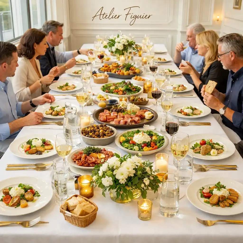 Vue d'ensemble d'une table de dîner bistronomique élégante avec plats à partager et convives