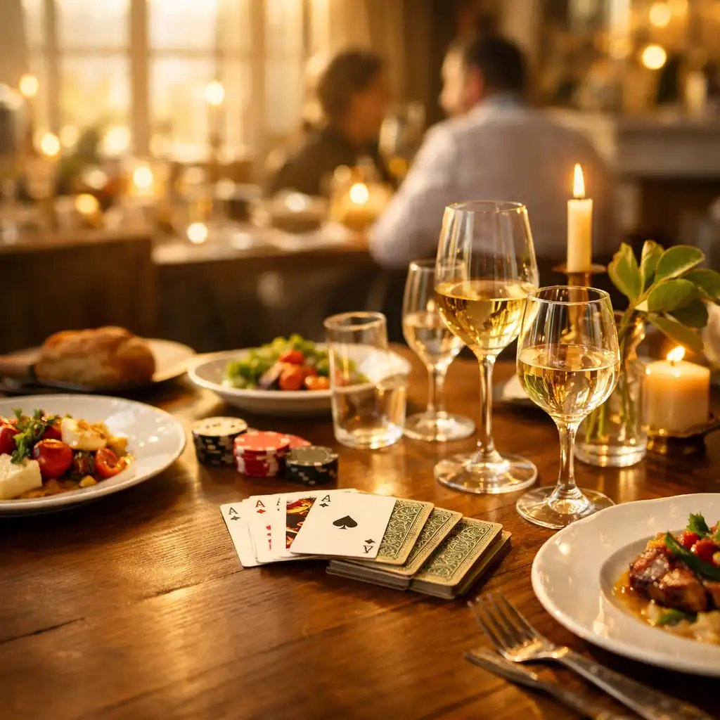 Table élégante lors d'une soirée Atelier Figuier, avec plats bistronomiques, verres de vin et jeu de cartes dans une lumière dorée