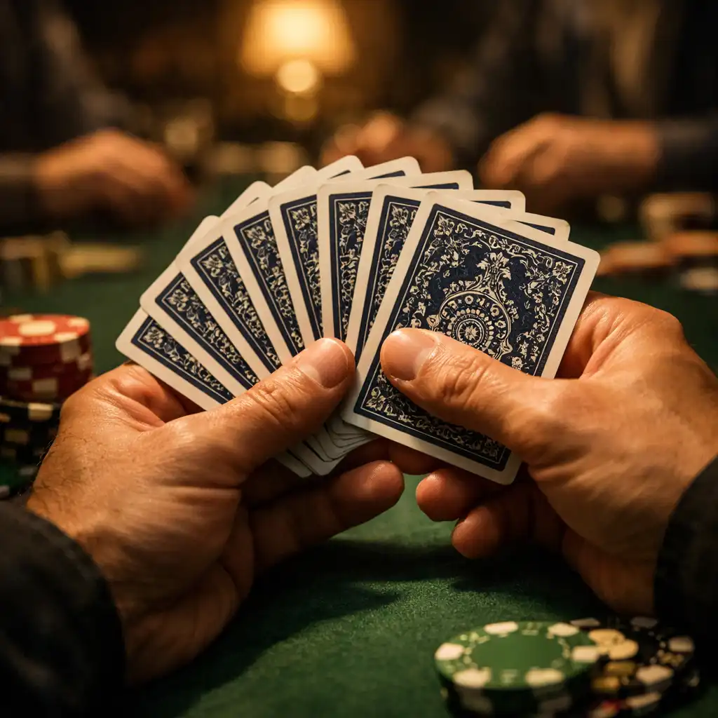 Gros plan sur les mains d'un joueur tenant des cartes à jouer sur un tapis de poker vert