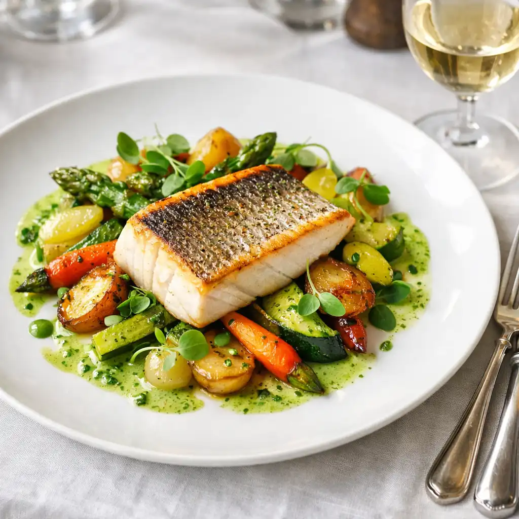 Assiette de cuisine bistronomique créative avec poisson, légumes rôtis et verre de vin blanc