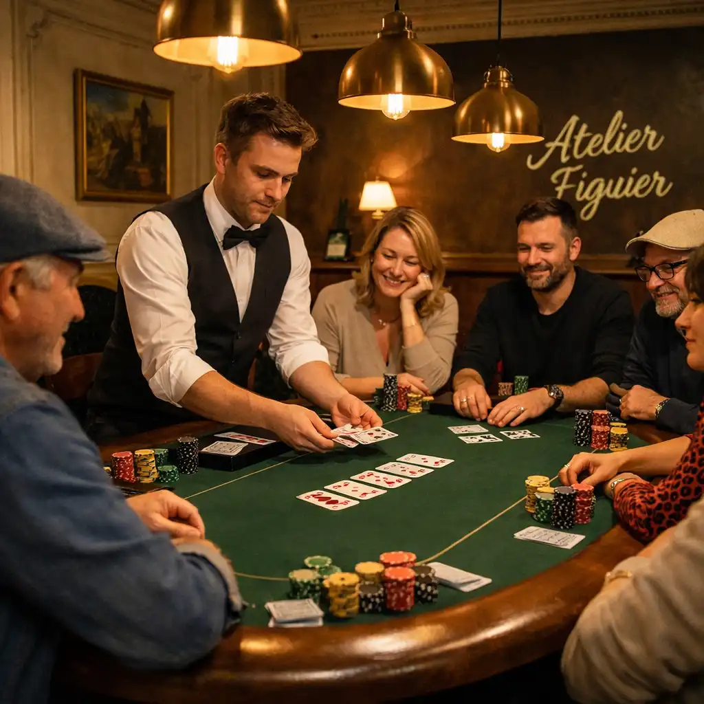 Joueurs concentrés autour d'une table de poker avec croupier professionnel et jetons colorés