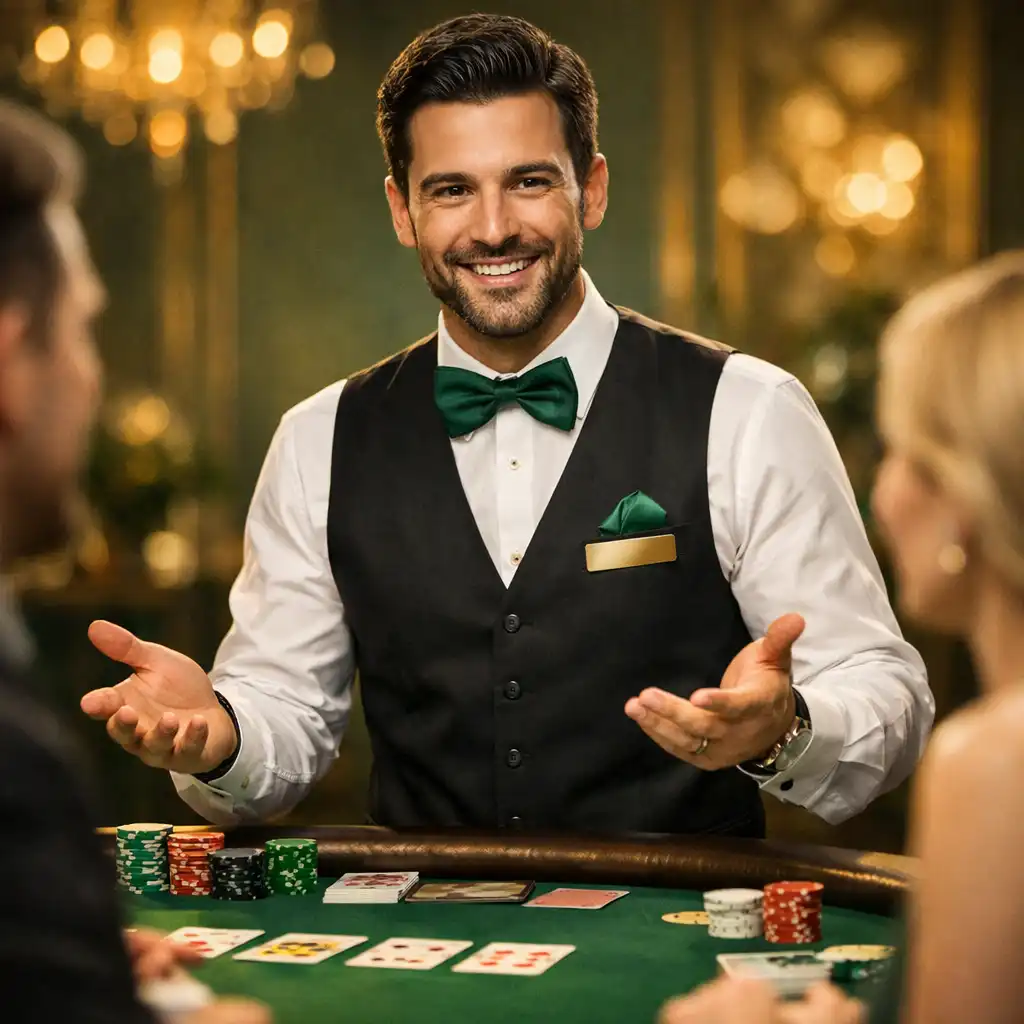 Croupier professionnel souriant expliquant les règles à des invités attentifs derrière une table de poker