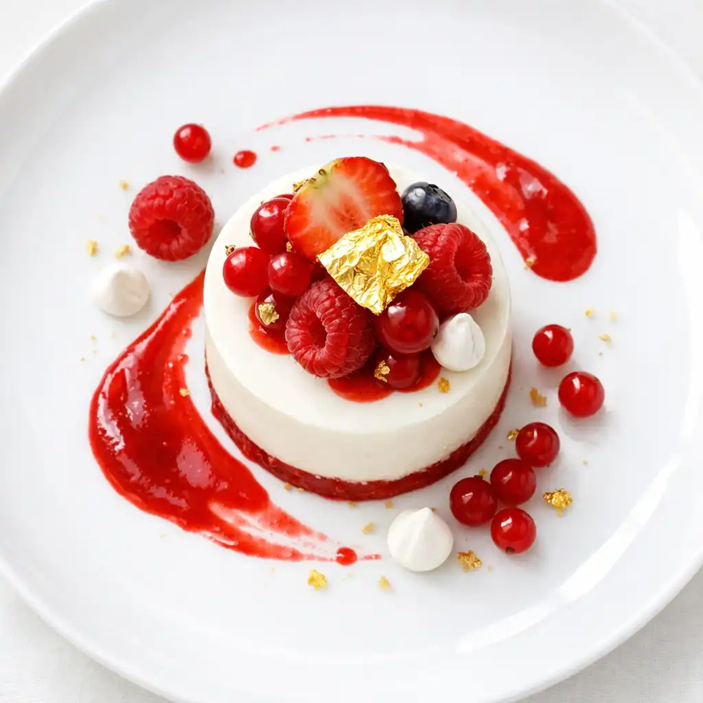 Dessert sophistiqué dans une assiette en porcelaine blanche avec fruits rouges et feuille d'or comestible
