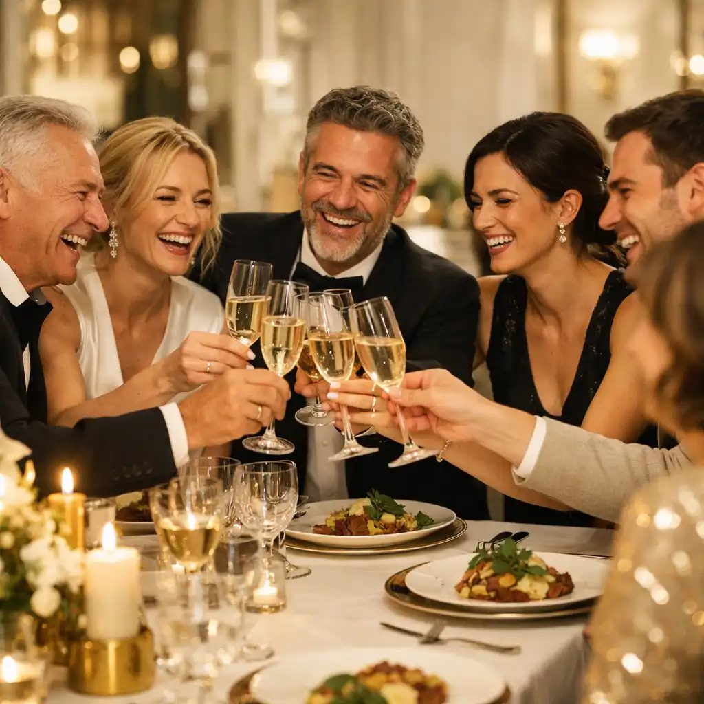 Groupe d'invités élégants riant et trinquant autour d'une table lors d'un dîner chic