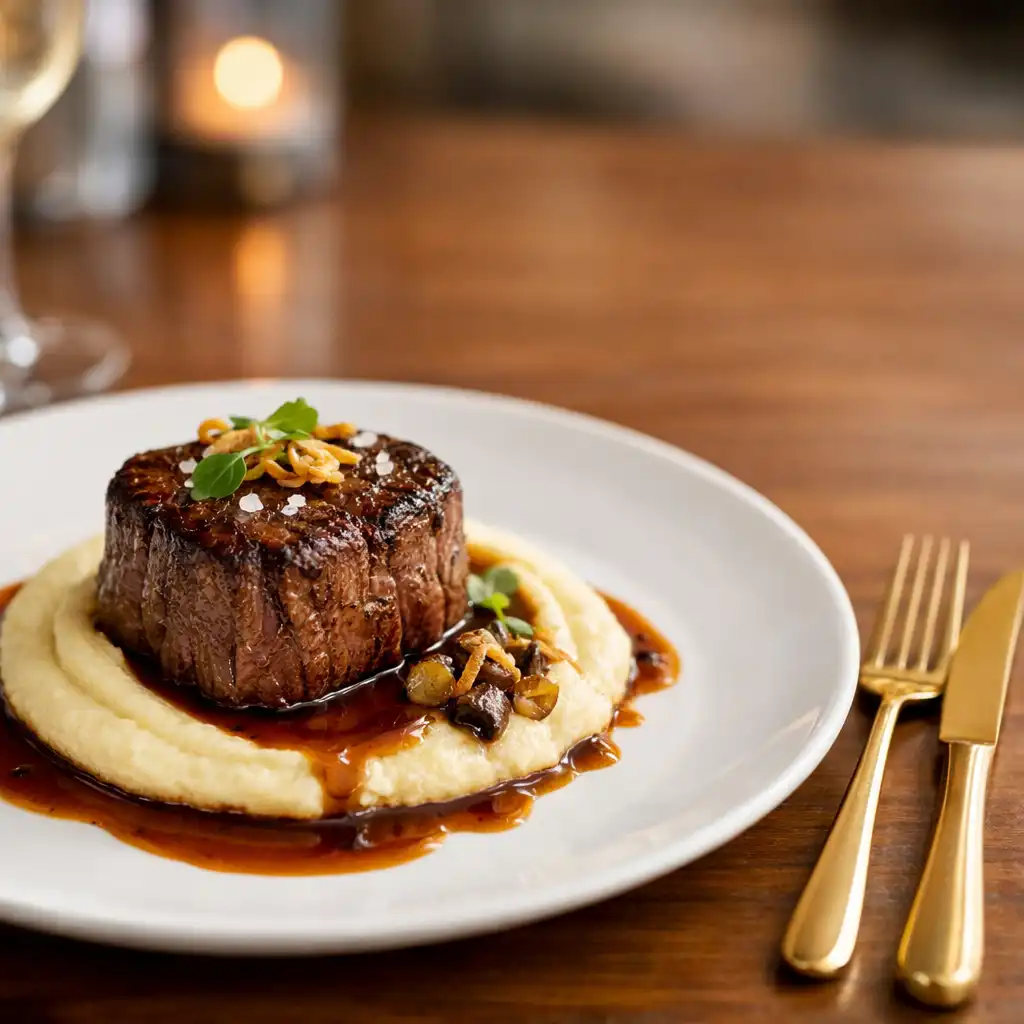 Plat bistronomique élégant : filet de bœuf avec purée de panais et jus corsé