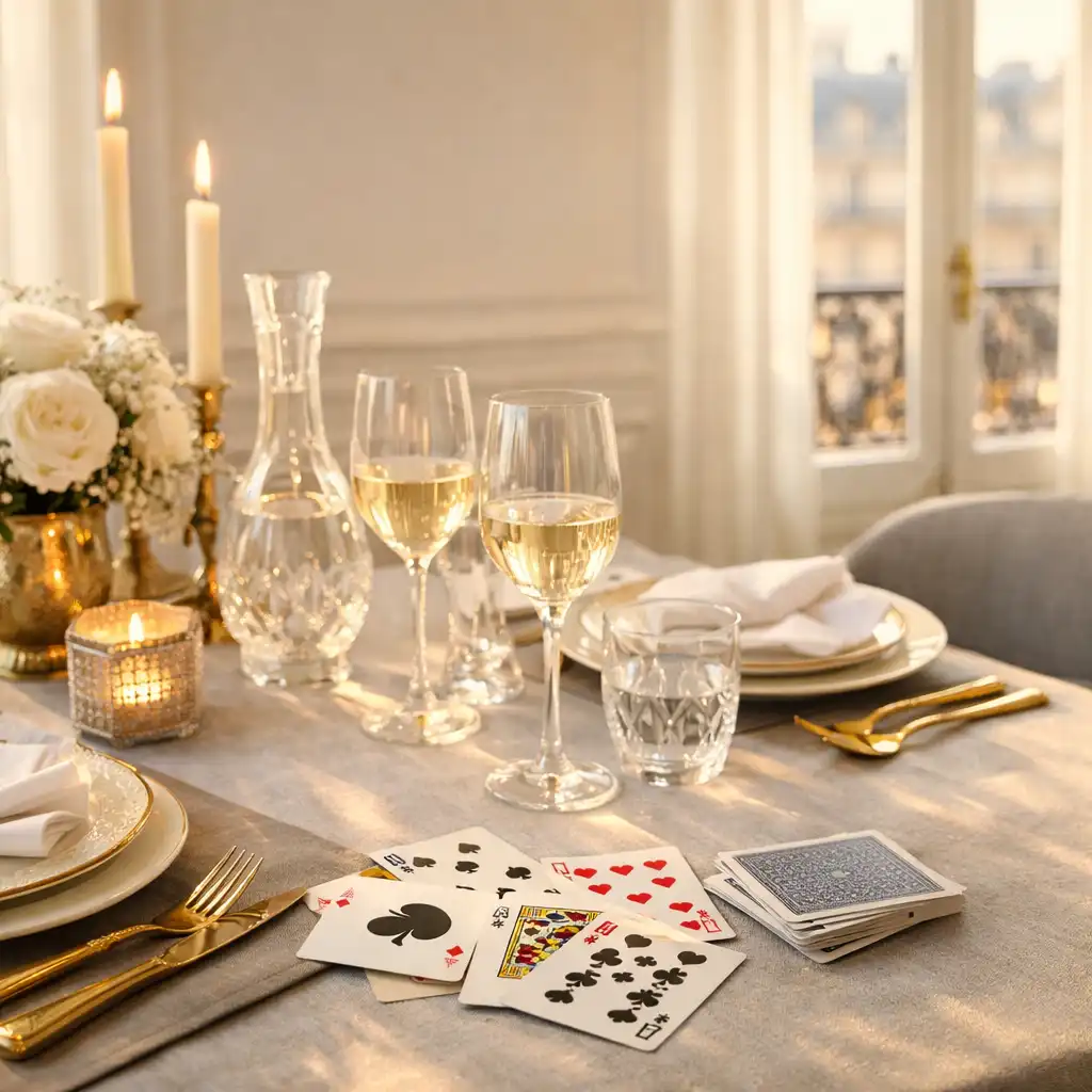 Table de dîner élégante dans un intérieur parisien lumineux, avec couverts raffinés et jeu de cartes