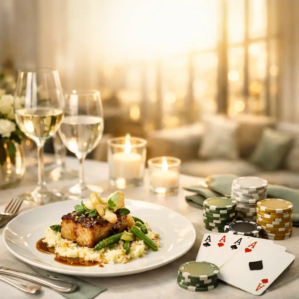 Table élégante dressée pour un dîner gastronomique avec un jeu de cartes de poker et des jetons, baignée de lumière dorée