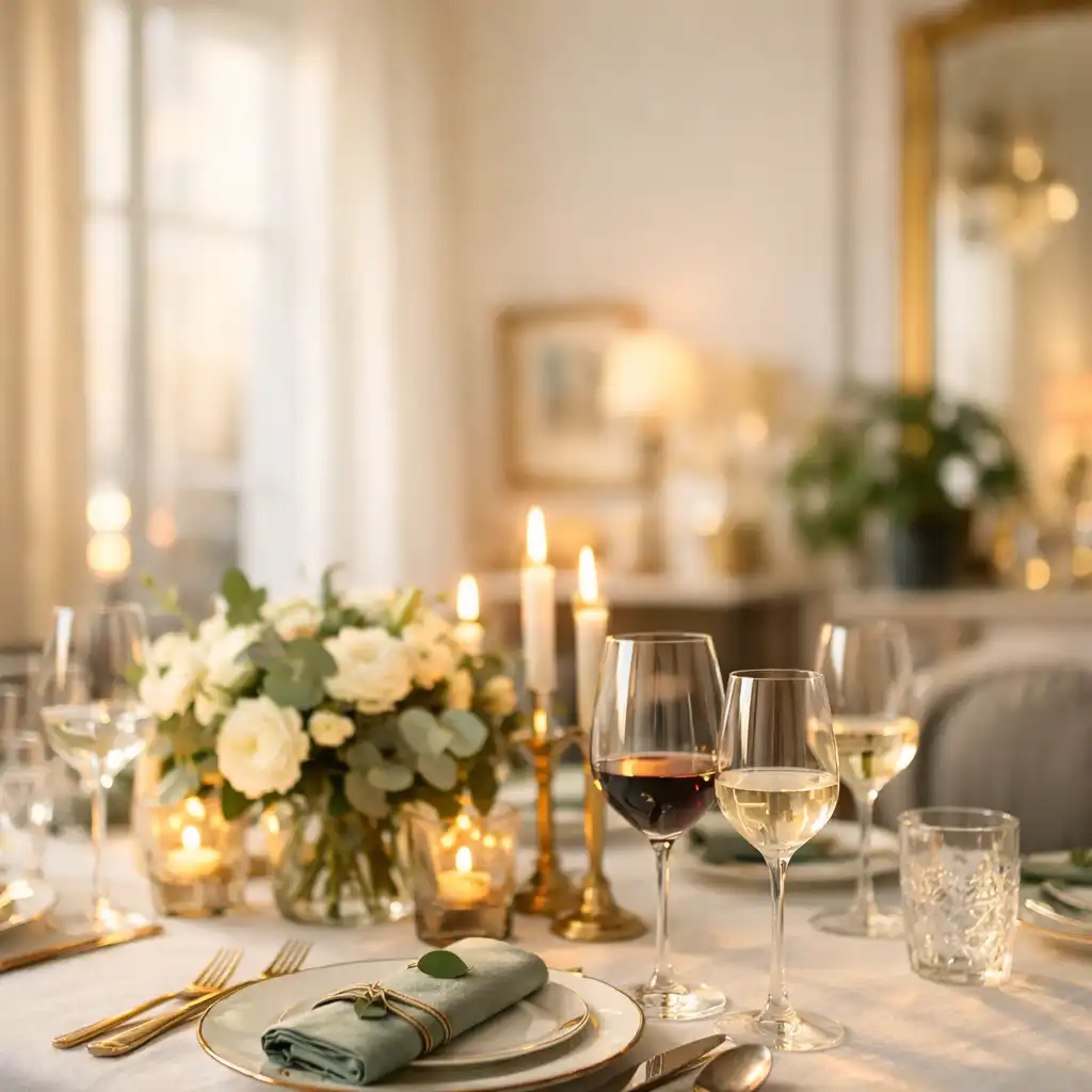 Table de dîner élégante dans un intérieur parisien lumineux, avec verres à vin et couverts raffinés
