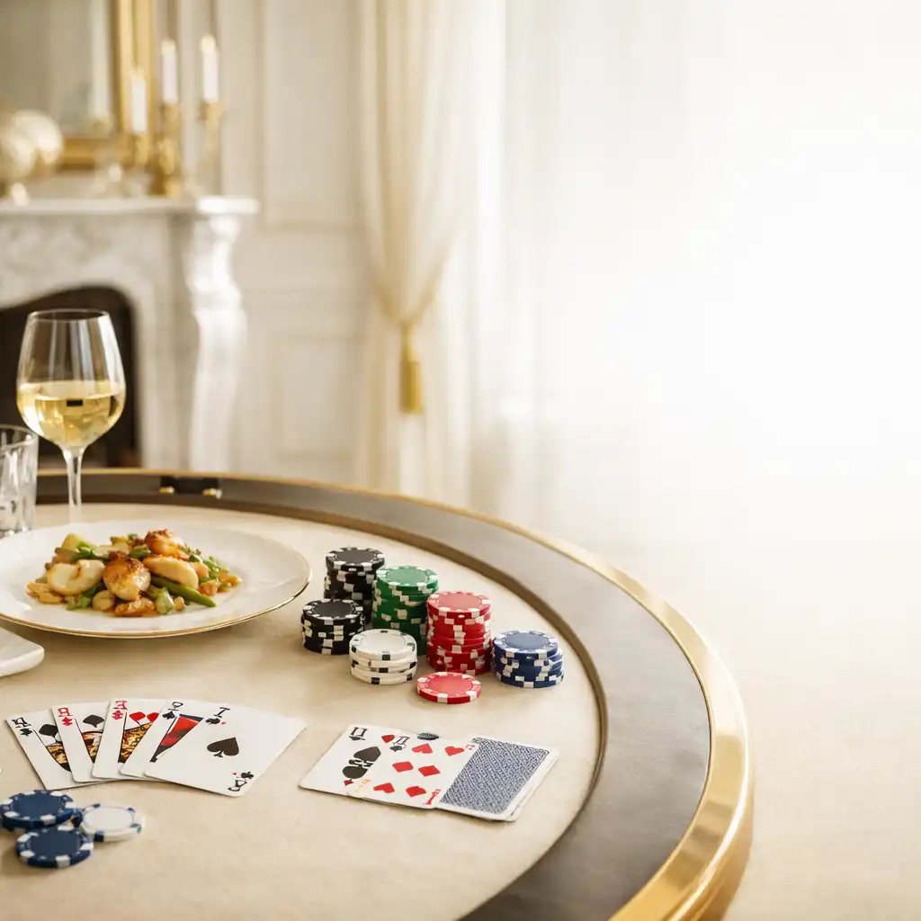 Table de poker élégante avec cartes, jetons et plat gastronomique raffiné dans un intérieur parisien chic