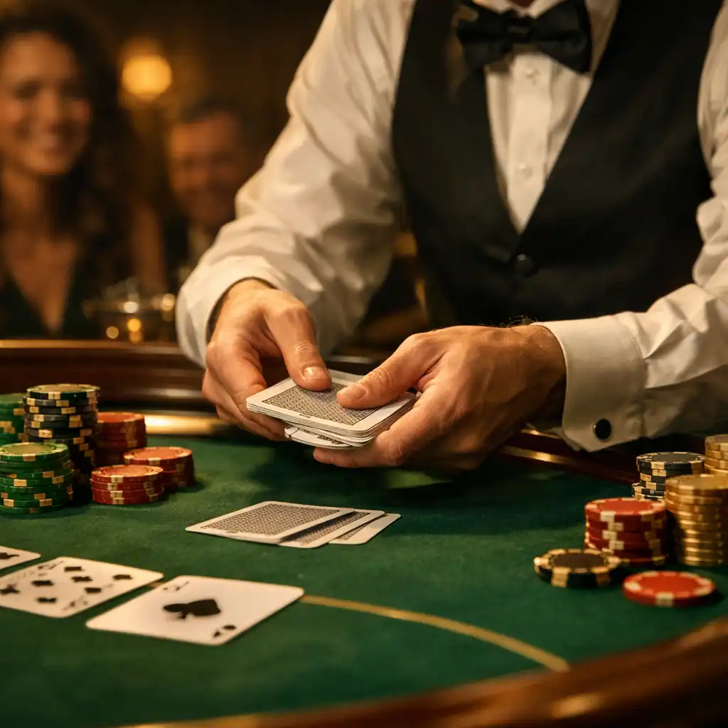 Gros plan sur une table de poker élégante avec jetons, cartes et mains d'un croupier professionnel