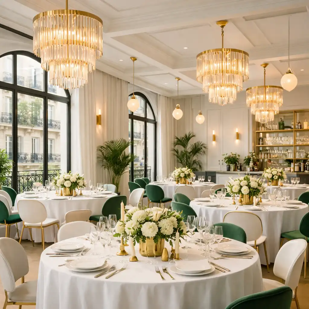 Espace événementiel éphémère chic avec tables rondes habillées de nappes blanches et luminaires dorés