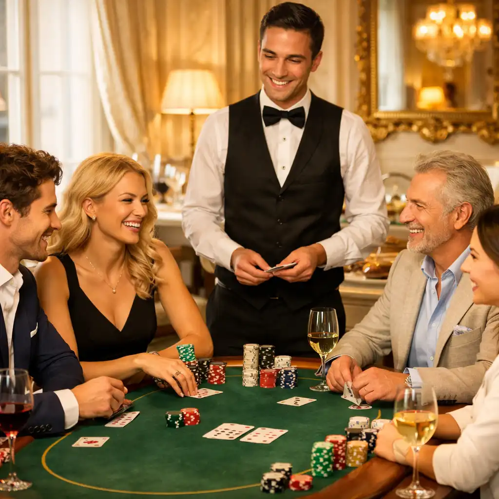 Table de poker élégante dans un intérieur parisien chic, avec des joueurs souriants, un croupier professionnel et une lumière dorée