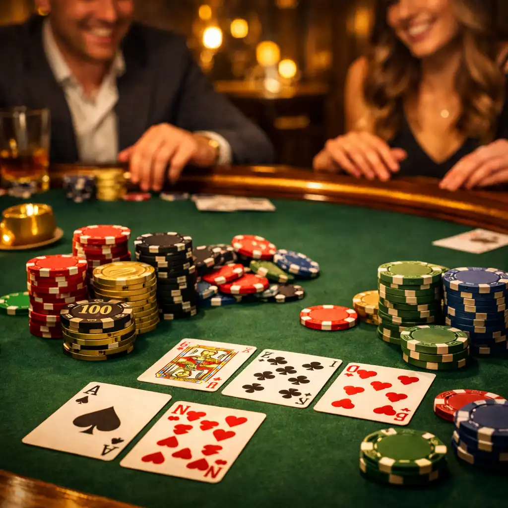 Table de poker élégante avec des jetons colorés, des cartes et des joueurs souriants en arrière-plan flou